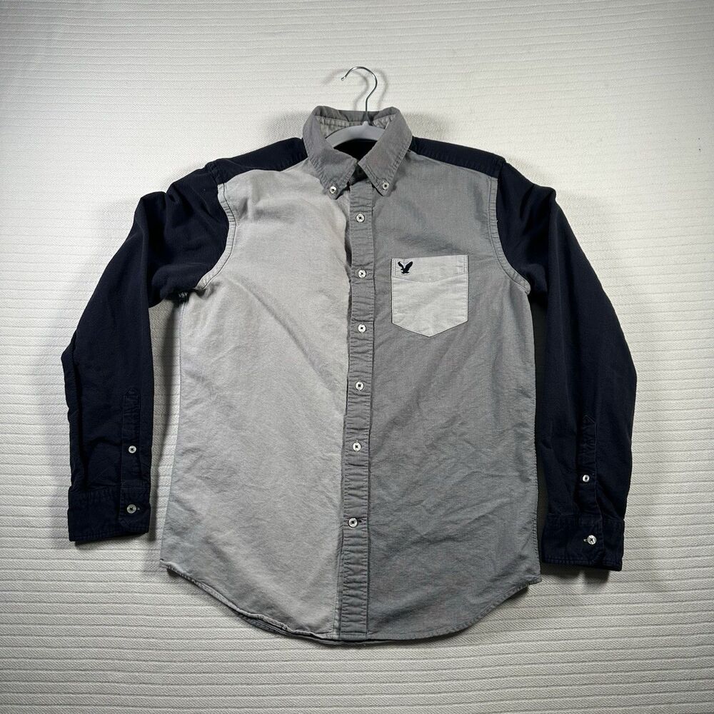 American Eagle Mens Small Button Down Shirt Gray Black Colorblock Long Sleeve